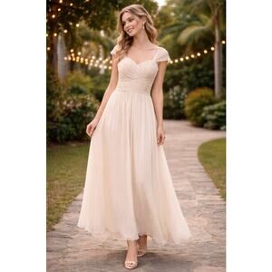 Revelry bridesmaid dress Gown Cap Sleeves Ruched Sweetheart Chiffon Sz 6 Cream